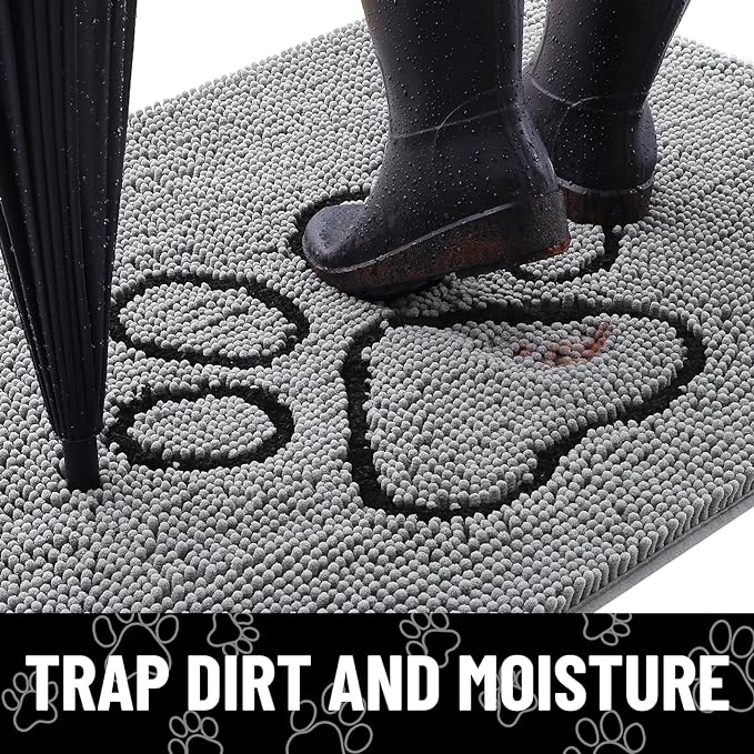 Smiry Dog Door Mat for Muddy Paws, Absorbent Dirt Trapper Non Slip Quick Dry Washable Chenille Mat for Mud Dogs, Entry Rug for Indoor and Outdoor (59x24 Inches, Grey and Black)