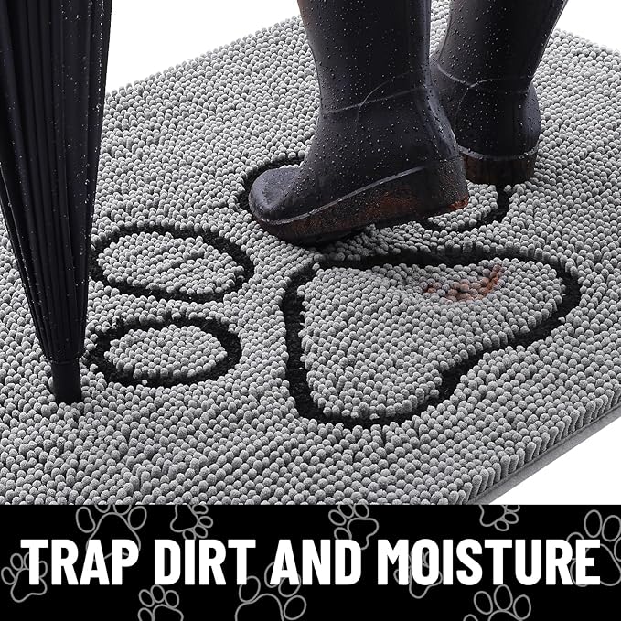 Smiry Dog Door Mat for Muddy Paws, Absorbent Dirt Trapper Non Slip Quick Dry Washable Chenille Mat for Mud Dogs, Entry Rug for Indoor and Outdoor (45x27 Inches, Grey and Black)