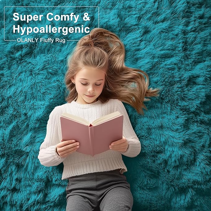 OLANLY Area Rugs for Living Room Bedroom, Machine Washable 4x5.9 ft Soft Fluffy Shaggy Bedside Rug, Indoor Floor Carpet for Kids Girls and Boys, Dorms, Nursery Rooms, Home Decor Aesthetic, Teal