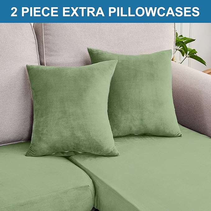 Couch Cover 6-Piece Elastic Velvet Couch Cushion Covers & Chaise Slipcovers for L-Shaped Sofas, Sofa Seat Covers Washable, Soft Cover for Couches (5 Seater + Chaise, Avocado Green)