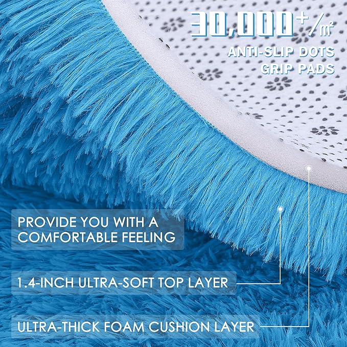 OLANLY 2x4 Machine Washable Runner Rugs for Hallway, Soft Fluffy Shaggy Bedside Rugs for Bedroom, Living Room, Indoor Floor Carpet for Kids Girls and Boys, Home Decor Aesthetic, Bright Blue