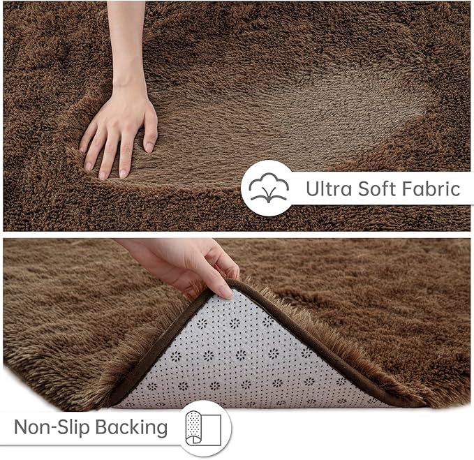 Goideal Fluffy Runner Rug for Bedroom Living Room, 2x6 Brown Bedside Rugs, Faux Fur Shag Modern Carpet Ultra Soft Girls Boys Room Home Decor, Solid