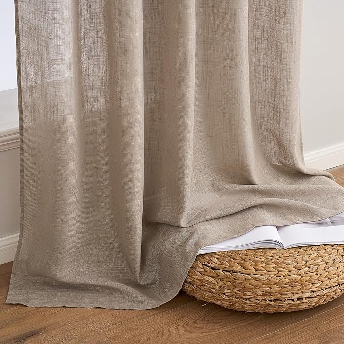 MIULEE Taupe Short Linen Curtains 45 Inch Length 2 Panels for Kitchen Bedroom Bathroom, Soft Thick Linen Textured Basement Window Drapes Semi Sheer Light Filtering Back Tab Burlap Look Decor
