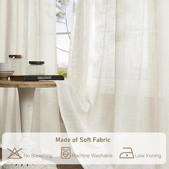LAMIT Natural Linen Semi Sheer Curtains 80 Inch Length, Light Filtering Neutral Window Curtains Farmhouse Boho Back Tab and Rod Pocket Panels, Natural Cream Ivory, 2 Panels, 52 x 80 Inch