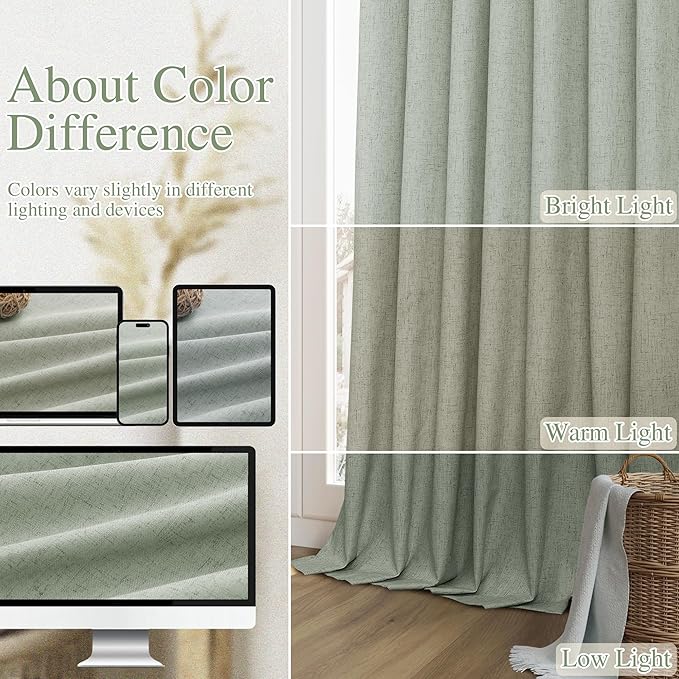 Guken 100% Blackout Curtains 96 Inch Length 2 Panels Set for Living Room Bedroom Back Tab Thermal Insulated Black Out Linen Drapes Room Darkening Window Curtains 96 Inches Long,Desert Sage