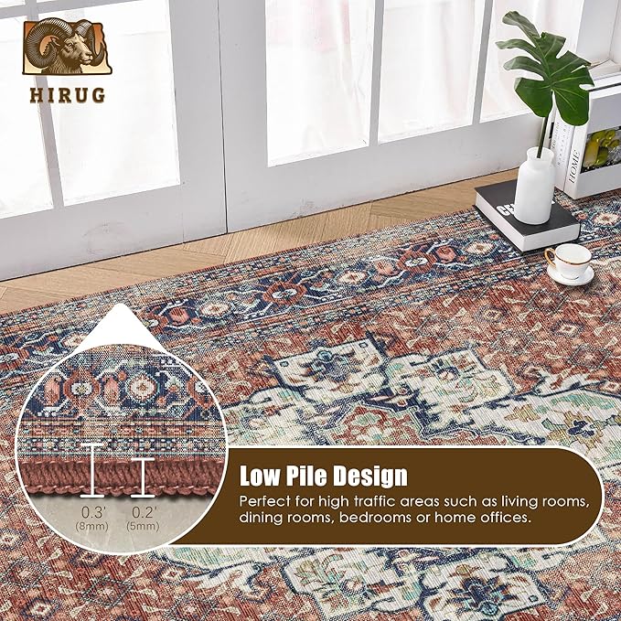 Washable Area Rug 8' x 10' Vintage Traditional Persian Mat - Foldable Distressed Non-Slip Machine Washable Carpet for Living Room Bedroom Kitchen Home Decor - Terracotta and Navy