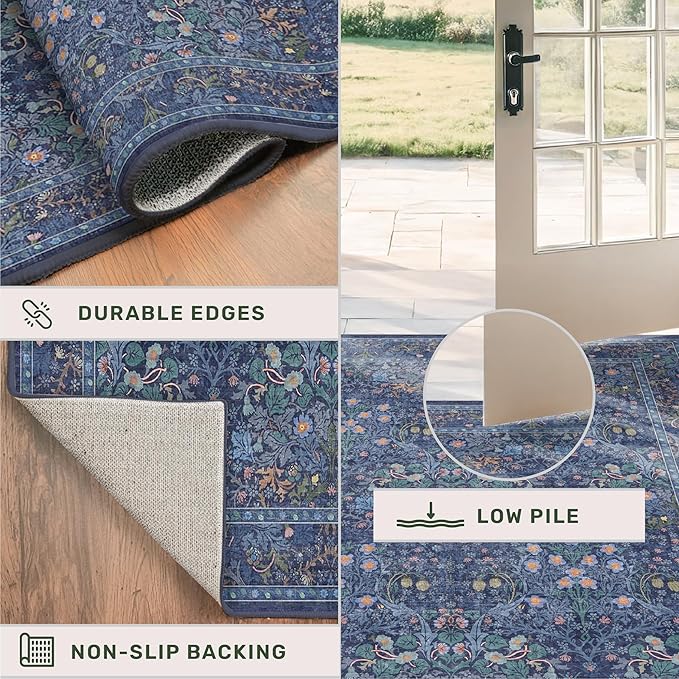 Vintage Dark Blue Living Room Rug 5x8 Area Rug - Vintage Floral Forest Washable Mat for Dining Room, Bedroom, Low Pile Non Slip Stain Resistance Distressed Retro Indoor Boho Floral Carpet