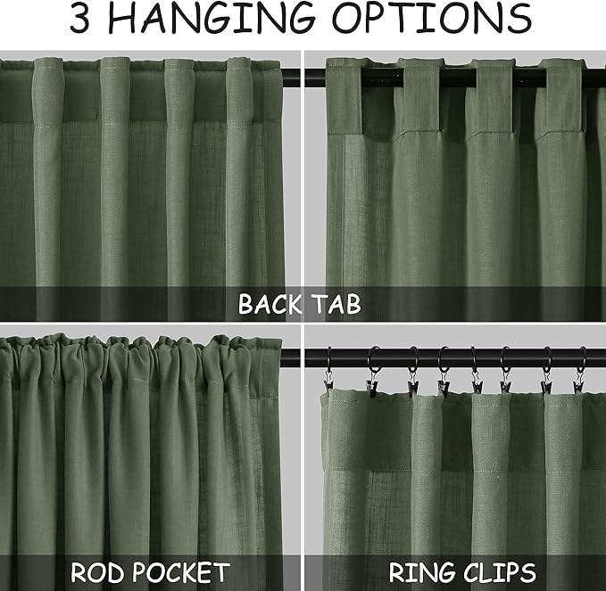 Extended Curtain Olive Green Linen Sheer Curtains for Living Room 2 Panels Set 116 Inch Length Back Tab Light Filtering & Breathability Semi Sheer Curtain Drapes for Bedroom Living Room 52x116