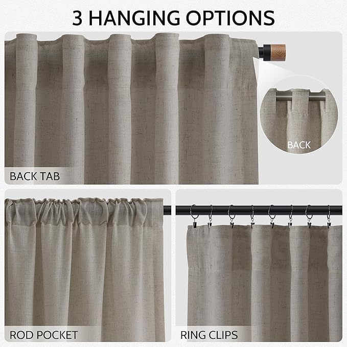 Nanspring Grey Beige Curtains 90 Inches Long for Living Room Linen Light Filtering Semi Sheer Curtain Back Tab Rod Pocket Simple Modern Neutral Elegant Boho Gray Drapes for Bedroom 52x90, 2 Panels