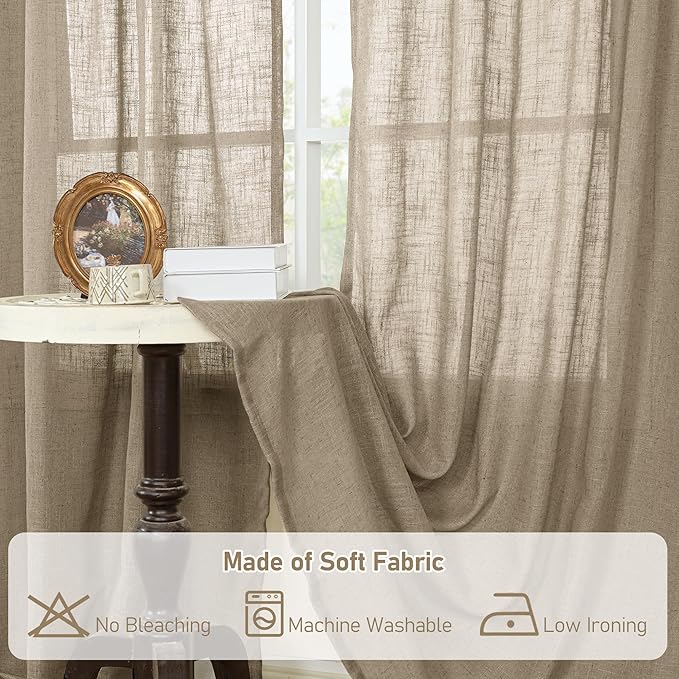 LAMIT Taupe Sheer Linen Curtains, 102 inch Light Filtering Semi Sheer Panels Back Tab and Rod Pocket Farmhouse Rust Drapes for Bedroom/Living Room, 2 Panels, 52 x 102 Inch