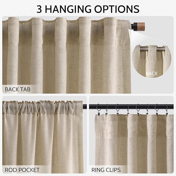 Taupe Burlywood Linen Curtains for Living Room 100 Inches Long Light Filtering Semi Sheer Curtain Back Tab Rustic Luxury Neutral Modern Farmhouse Decor Drapes for Bedroom Dinner Room 52x100, 2 Panels
