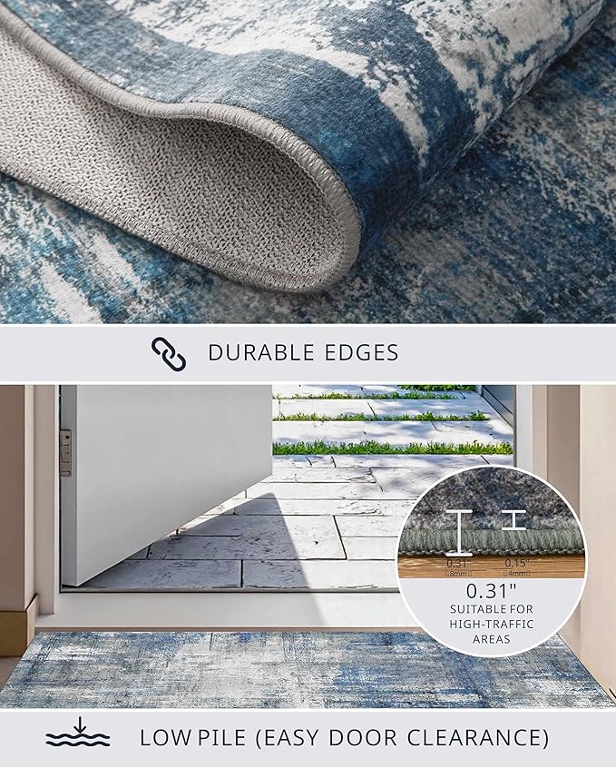 Latte&Fog 8x10 Area Rugs for Living Room, Large Blue Modern Abstract Washable Rug, Boho Non Slip Low Pile Carpet for Bedroom Dining Room, Office, Dorm, Classroom, Farmhouse and Kids Room - Blue Grey