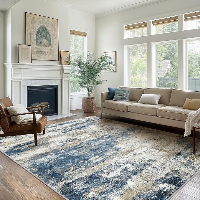BEIMO Machine Washable Rug 9x12 Area Rugs for Living Room Bedroom, Large Navy Blue Beige Abstract Area Rug Soft Throw Rugs, Low-Pile Floor Carpet with Non Slip Rubber Backing