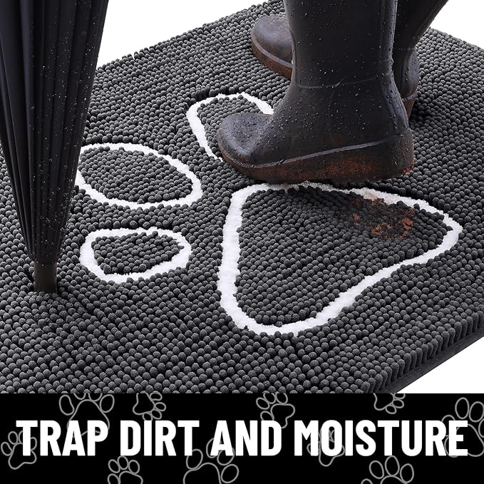 Smiry Dog Door Mat for Muddy Paws, Absorbent Dirt Trapper Non Slip Quick Dry Washable Chenille Mat for Mud Dogs, Entry Rug for Indoor and Outdoor (47x17 Inches, Dark Grey and White)