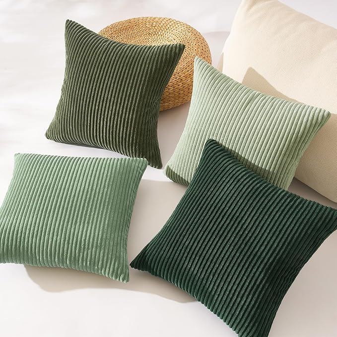 Topfinel Light Green Decorative Throw Pillow Covers Green Series,Winter Fluffy Corduroy Striped Euro Pillows Shams for Couch Bed Bedroom,Western Modern Hunter Green Pillowcase 26x26 Inch Set of 4