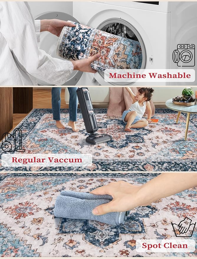 SERISSA Boho Washable Runner Rug, 2'6"x8' Non-Slip Vintage Blue Orange Hallway Kitchen Runner Rug Ultra Soft Print Distressed Tribal Floor Carpet for Bedroom Bathroom Laundry Room