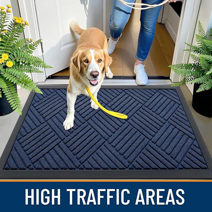 OLANLY Front Door Mat Outside Entrance 33x21, Absorbent, Heavy Duty Sturdy Natural Rubber Doormat Indoor Outdoor, Stain Fade Resistant, Non-Slip Low Profile Floor Mat for Entryway, Navy Blue Diamond