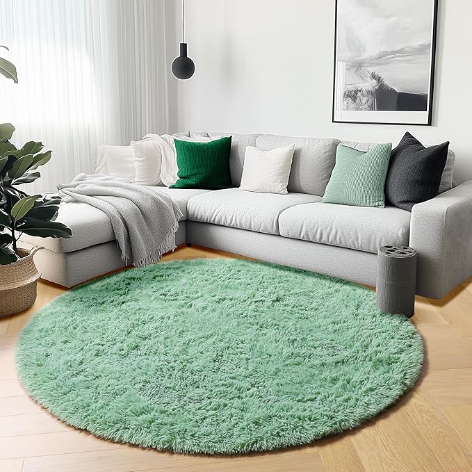 ONASAR Sage Green Round Area Rugs 6ft, Fluffy Soft Bedroom Circle Rug for Kids Girls Boys Teen Room, Cute Furry Plush Shaggy Carpet Floor Mats for Nursery Living Room Playroom Dorm Home Decor