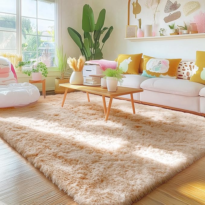 OLANLY 4x7 Area Rugs for Living Room Bedroom, Machine Washable Soft Fluffy Shaggy Bedside Rug, Indoor Floor Carpet for Kids Girls and Boys, Dorms, Nursery Rooms, Home Decor Aesthetic, Beige