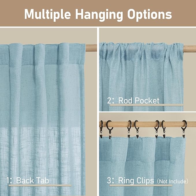 LAMIT Stone Blue Linen Curtains 90 Inch for Living Room, Back Tab and Rod Pocket Linen Textured Farmhouse Panels Light Filtering Drapes for Bedroom/Dining Room, Set of 2, 52 x 90 Inch