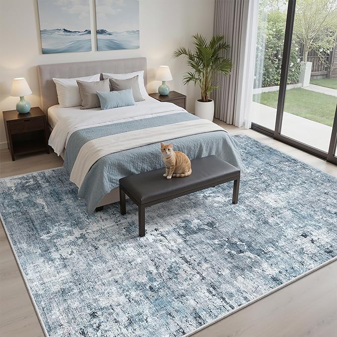 Area Rug 6x9 Abstract Rugs for Living Room 6 x 9 Washable Rugs Blue Non Slip Low Pile Rugs for Bedroom Dining Room Foldable Thin