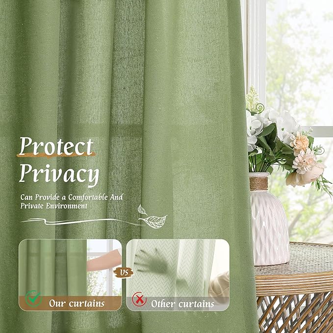 LAMIT Green Linen Curtains for Small Windows, 45 Inches Long Light Filtering Panels Rod Pocket Neutral Privacy Drapes for Window/Bedroom, 2 Panels, 42 x 45 Inch