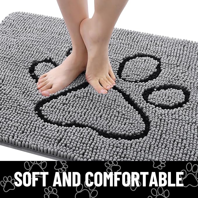 Smiry Dog Door Mat for Muddy Paws, Absorbent Dirt Trapper Non Slip Quick Dry Washable Chenille Mat for Mud Dogs, Entry Rug for Indoor and Outdoor (44x32 Inches, Grey and Black)