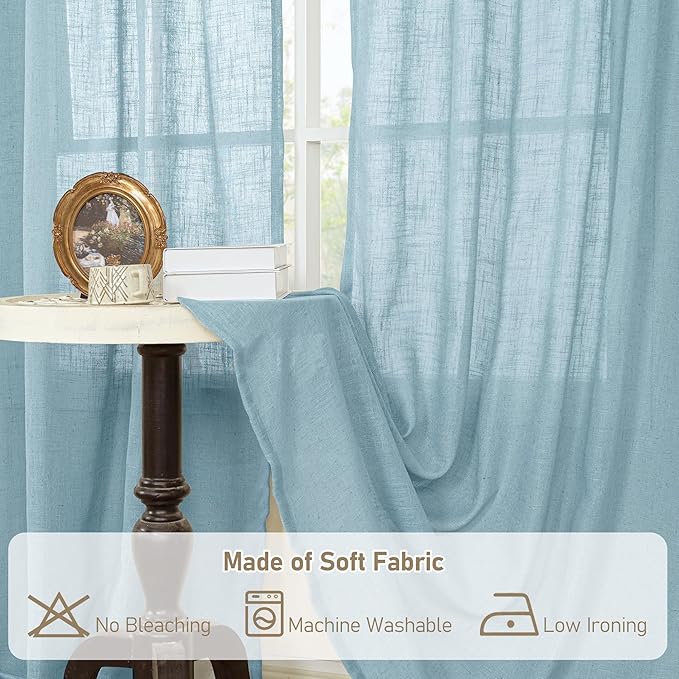 LAMIT Sheer Linen Curtains 63 Inch for Bedroom, Light Filtering Country Decor Semi Sheer Farmhouse Boho Curtains Back Tab and Rod Pocket Living Room Panels, Stone Blue, 2 Panels, 52 x 63 Inch