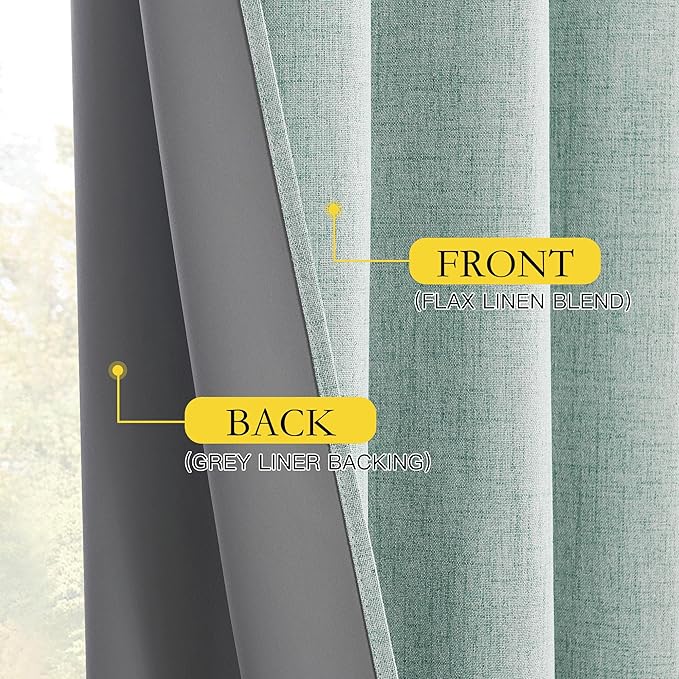 NICETOWN 100% Absolutely Blackout Linen Curtains with Thermal Insulated Liner, Seafoam Green, 62" Wide, 95" Length Energy Saving Curtains for Living Room 2 Panels Set, Vertical Blinds