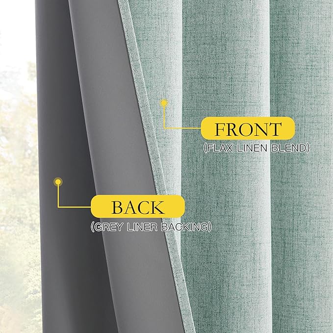 NICETOWN 100% Absolutely Blackout Linen Curtains with Thermal Insulated White Liner, Seafoam Green, 42" Wide, 84" Length Energy Saving Curtains for Living Room 2 Panels Set, Vertical Blinds