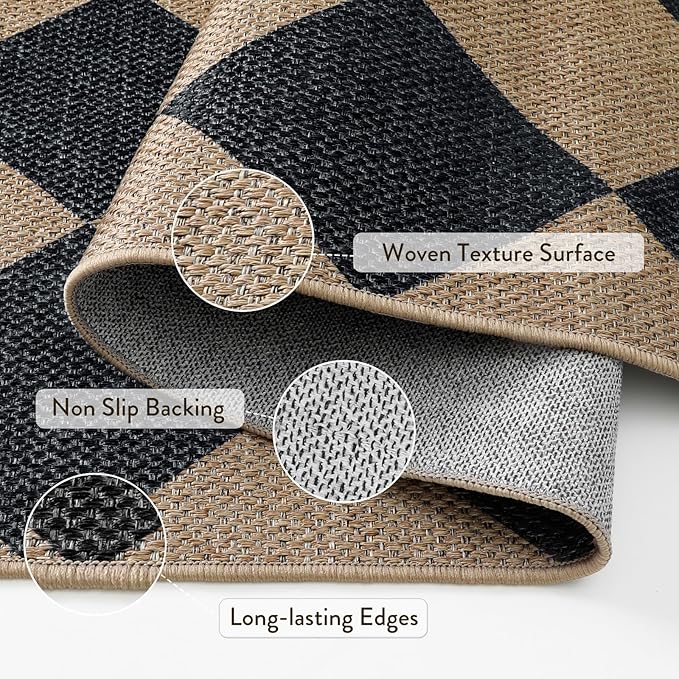 Lahome Colette Checkered Easy Jute Area Rug 8x10, Large Living Room Patio Rug Checkerboard Indoor Outdoor Carpet, Farmhouse Geometric Non Slip Black Carpet for Backyard Dining Room