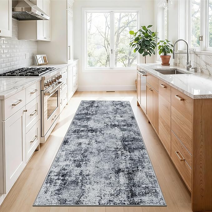 3x6 Washable Entryway Runner Rug: Non Slip Wide Hallway Runners Easy-to-Clean - Soft Living Room Bedroom Kitchen Carpet - Thin Low Pile Printed Floor Mat for Dining Room Black Grey