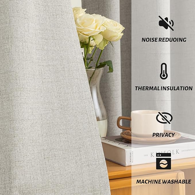 Yakamok Oatmeal Linen Curtains 100% Blackout 84 Inches Long,Room Darkening Textured Curtains for Living Room Thermal Grommet Bedroom Curtains 2 Panels with White Liner