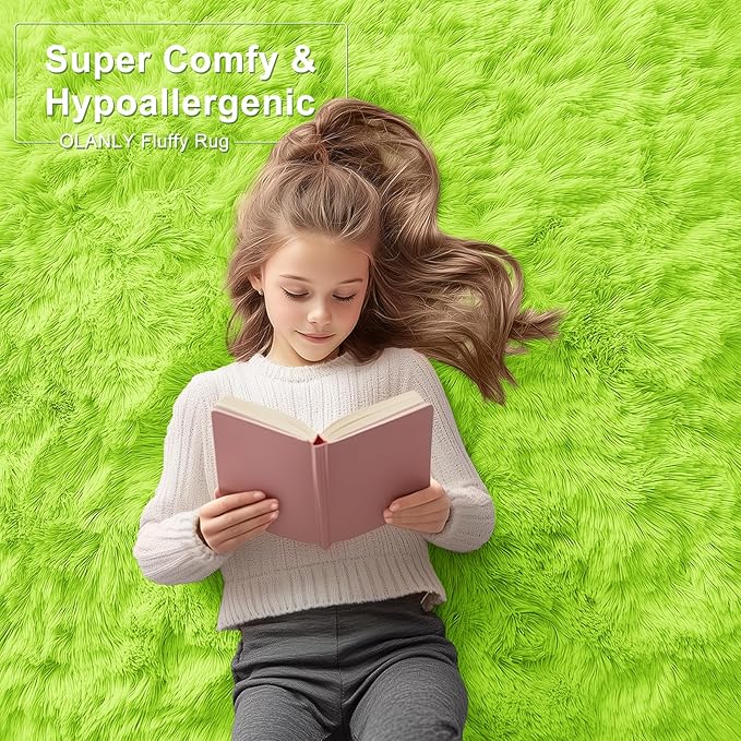OLANLY 2x4 Machine Washable Runner Rugs for Hallway, Soft Fluffy Shaggy Bedside Rugs for Bedroom, Living Room, Indoor Floor Carpet for Kids Girls and Boys, Home Decor Aesthetic, Lime Green