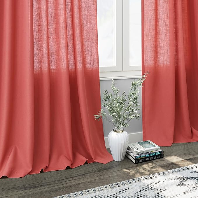 Nanspring Watermelon Red Linen Curtains 84 Inch Length 2 Panels Set, Back Tab Rod Pocket Light Filtering Privacy Semi Sheer Textured Curtains Neutral Farmhouse Decor Curtain for Living Room Bedroom
