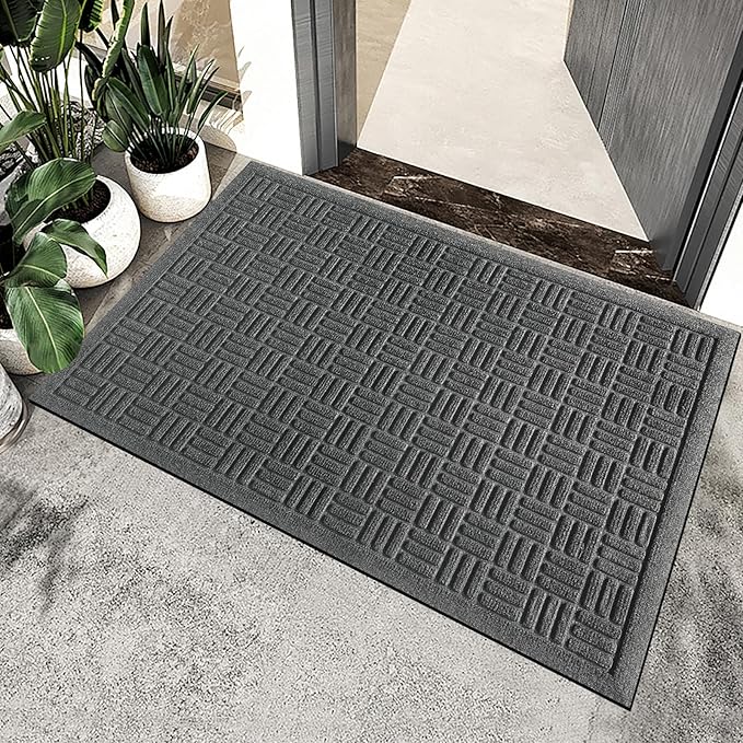 Mibao Front Door Mat Indoor Outdoor Entrance, Dirt Trapping Waterproof All-Season, All-Weather Doormat, Non-Slip Durable Natural Rubber Low Profile Easy Clean Patio Entrance Mat, 36" x 24", Grey