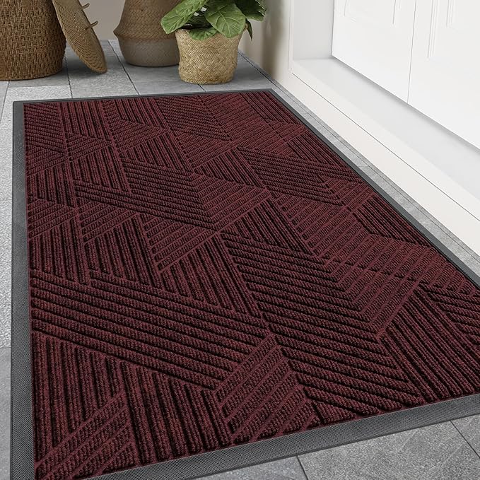 Smiry Front Door Mat Outside Entrance, Heavy Duty Sturdy Natural Rubber Doormat, Trap Dirt and Moisture, Easy Clean Low Profile Welcome Floor Mats for Indoor Outdoor Entry, 47x23 Inch, Dark Red