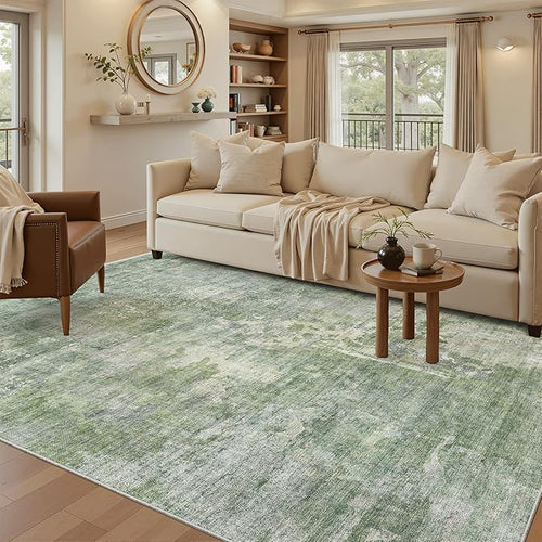 5x8 Area Rugs Green/Ivory Low Pile Indoor Washable Trendy Faded Style Rugs for Bedroom Living Room Dining Room Foldable Non-Slip Thin Print Home Office Mat