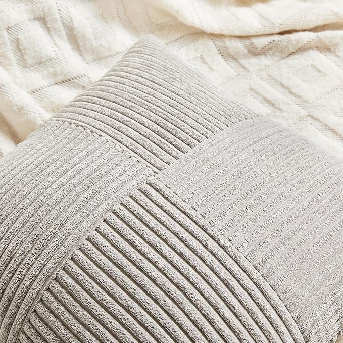 Fancy Homi 2 Packs Neutral Grey Long Lumbar Decorative Throw Pillow Covers 16x24 Inch for Couch Bed Sofa, Rustic Farmhouse Boho Home Decor, Soft Striped Corduroy Rectangle Accent Cushion Case 40x60 cm