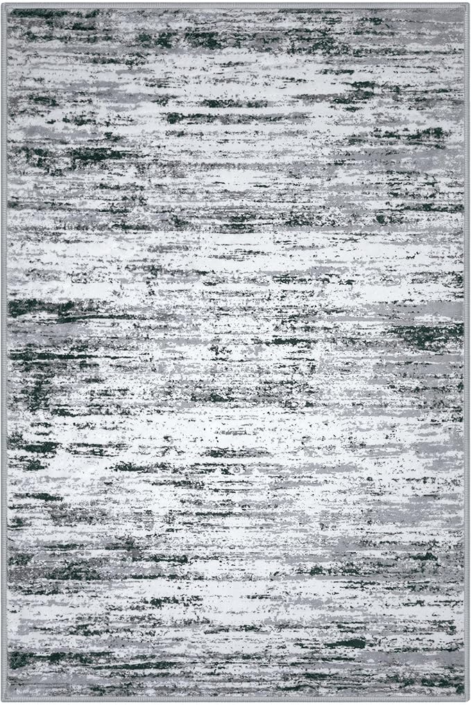 Lansny Modern Abstract 4x6 Living Room Washable Rug Non-Slip Soft Bedroom Area Rug Black Grey White Thin Print Faux Wool Floor Carpet Throw Rugs for Nursery Playroom Dining Room Indoor Home Decor
