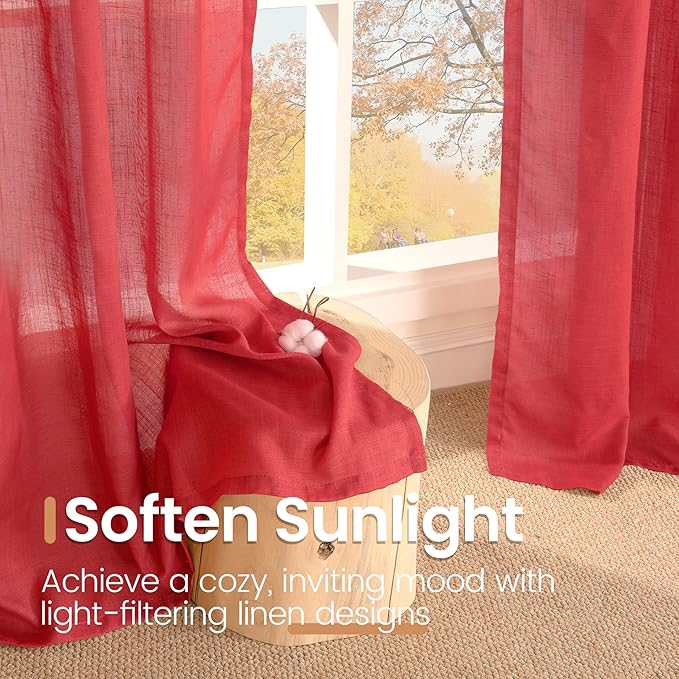 BGment 96 Inches Long Linen Curtains for Living Room, Semi Sheer Red Window Drapes Textured for Farmhouse Bedroom Dining with Rod Pocket Lightweight, 2 Panels Set, Each 52 Inch Wide