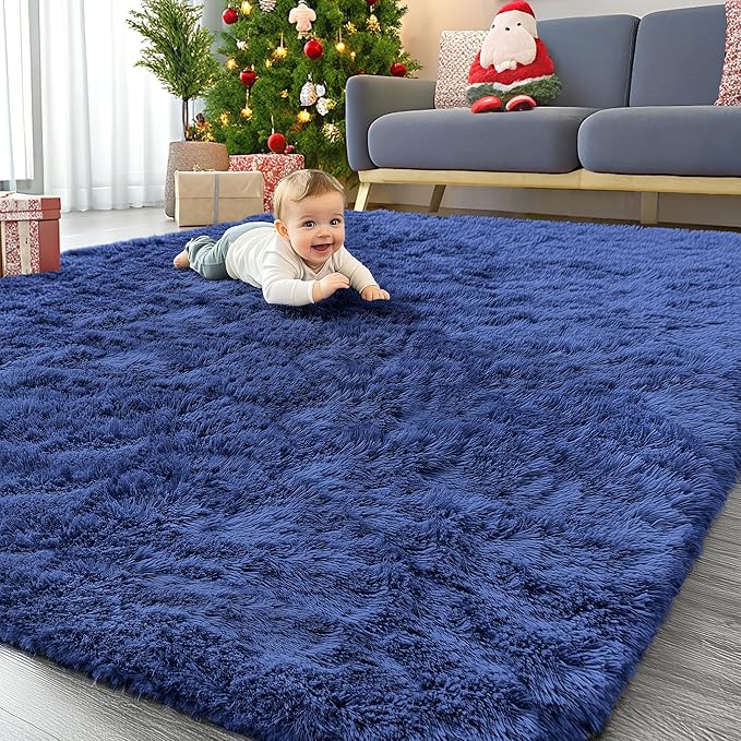 OLANLY 7x8 Machine Washable Large Area Rugs for Living Room, Bedroom, Soft Fluffy Shaggy Bedside Rug, Indoor Floor Carpet for Kids Girls and Boys, Dorms, Nursery, Home Decor Aesthetic, Navy Blue