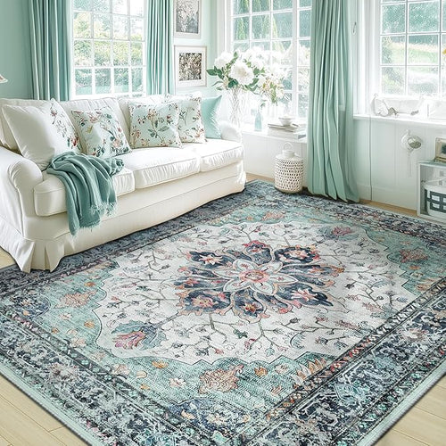 Area Rugs 6'x9' Washable Non-Slip, Floral Vintage Distress Print Pattern Medallion Carpet for Living Room Bedroom Dining Room, Green Navy Blue White Red Teal Colorful