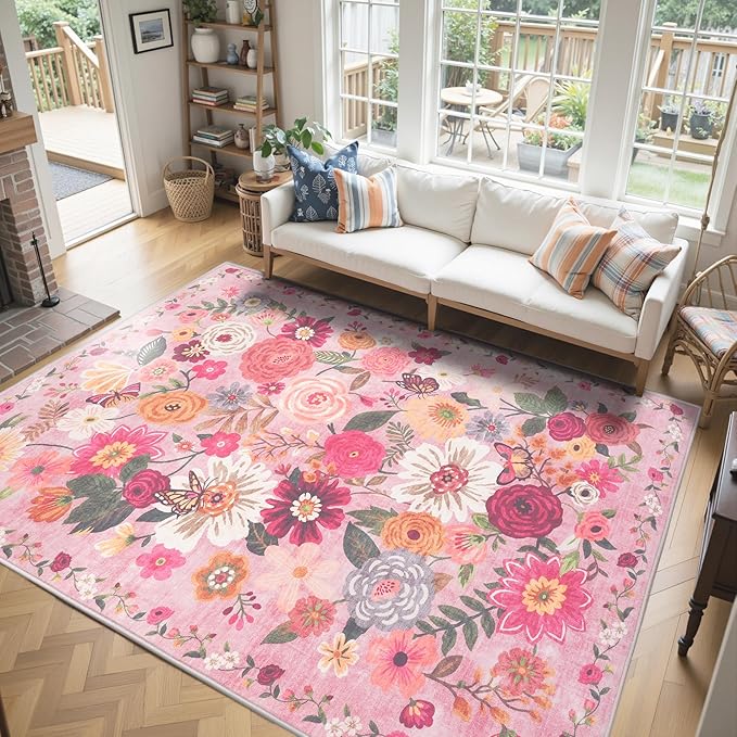 Pink Area Rugs 9x12 Living Room Washable Rug Non Slip Floral Low Pile Large Rug for Living Room, Bedroom, Farmhouse, Dining Room, Kids Playroom(9 x 12, Pink Garden)
