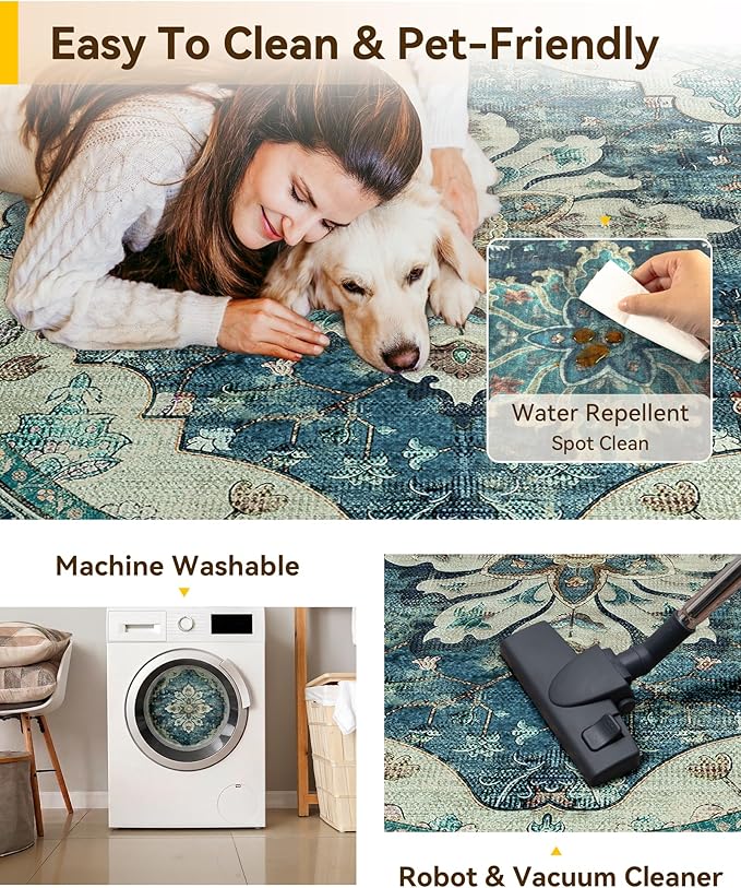 Area Rugs 4ft Washable Non-Slip, Floral Vintage Distress Print Pattern Medallion Carpet for Living Room Bedroom Dining Room, Dark Blue Vintage