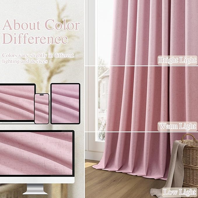 Guken 100% Blackout Curtains 102 Inch Length 2 Panels Set for Living Room Bedroom Back Tab Thermal Insulated Black Out Linen Drapes Room Darkening Rose,52x102