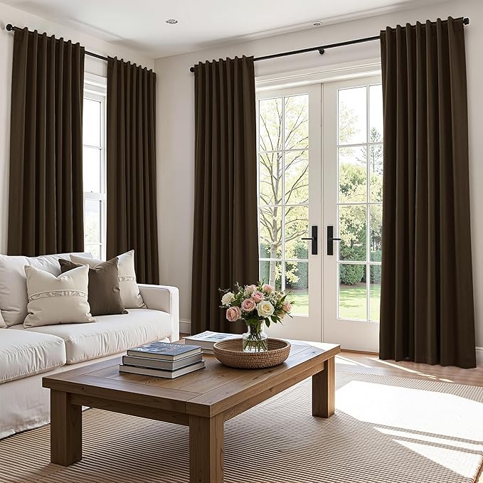 Guken 100% Blackout Curtains 108 Inch Length 2 Panels Set for Living Room Bedroom Back Tab Thermal Insulated Black Out Linen Drapes Room Darkening Chocolate,52x108