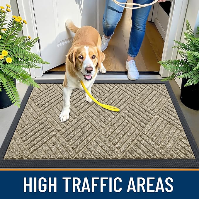 OLANLY Front Door Mat Outside Entrance 47x17, Absorbent, Heavy Duty Sturdy Natural Rubber Doormat Indoor Outdoor, Stain and Fade Resistant, Non-Slip Low Profile Floor Mat for Entryway, Beige Diamond