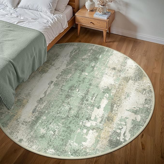 BEIMO Round Rugs 6FT for Living Room Bedroom, Modern Abstract Machine Washable Circle Rug, Soft Low Pile Floor Cover with Non Slip Backing for Dining Room, Light Green