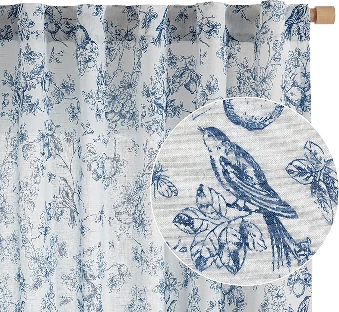 jinchan Linen Floral Curtains for Living Room 84 Inch Length Blue Printed Flower French Country Curtain Farmhouse Cottage Core Toile Curtains Back Tab Light Filtering Window Drapes Set 2 Panels